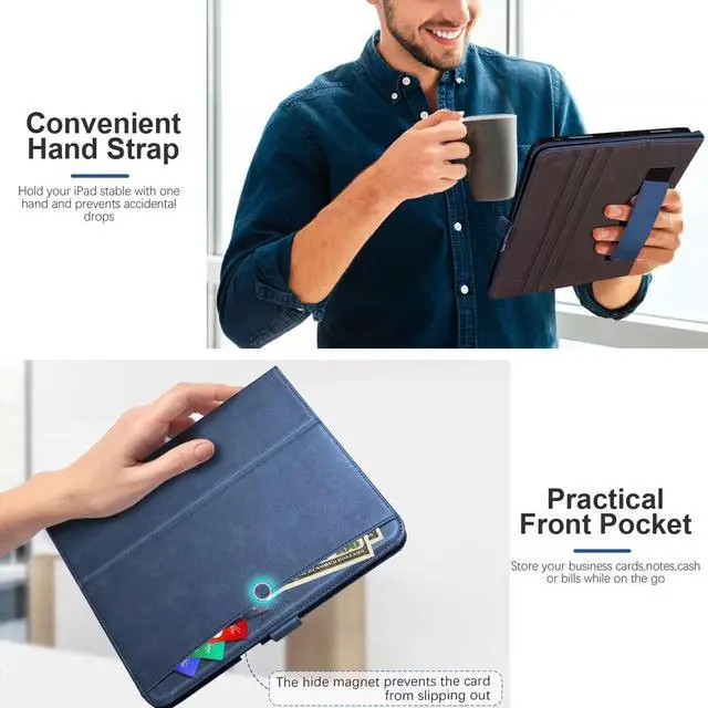 Alt view image 5 of 5 - Zinibri Handcrafted Case for iPad (A16) 11th Generation 11 Inch 2025 A3355 A3356/iPad 10th Gen 10.9" 2022 A2696 A2757 with Pencil Holder & Hand Strap & Pocket PU Leather Cover Auto Sleep/Wake,Blue