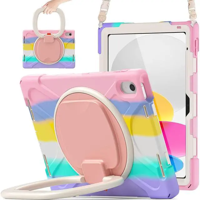 Main image of SCSVPN Kids Case for iPad (A16) 11th/10th Generation 11-inch/10.9 Inch 2025/2022, Full Body Shockproof Protective Cover with Pencil Holder, Rotating Stand & Handle, Shoulder Strap - Colorful Pink