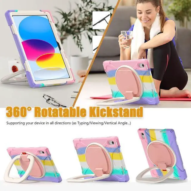 Alt view image 3 of 5 - SCSVPN Kids Case for iPad (A16) 11th/10th Generation 11-inch/10.9 Inch 2025/2022, Full Body Shockproof Protective Cover with Pencil Holder, Rotating Stand & Handle, Shoulder Strap - Colorful Pink