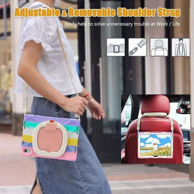 Alt view image 5 of 5 - SCSVPN Kids Case for iPad (A16) 11th/10th Generation 11-inch/10.9 Inch 2025/2022, Full Body Shockproof Protective Cover with Pencil Holder, Rotating Stand & Handle, Shoulder Strap - Colorful Pink
