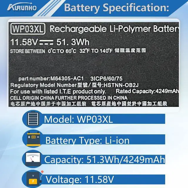 Alt view image 2 of 5 - AURUNHO 51.3Wh WP03XL M73466-005 Laptop Battery Replacement for HP EliteBook 830 835 840 845 860 865 G9 G10 X360 1040 G9 G10 ZBook Firefly 14 G9 G10 Series HSTNN-OB2J M64304-AC1 11.58V