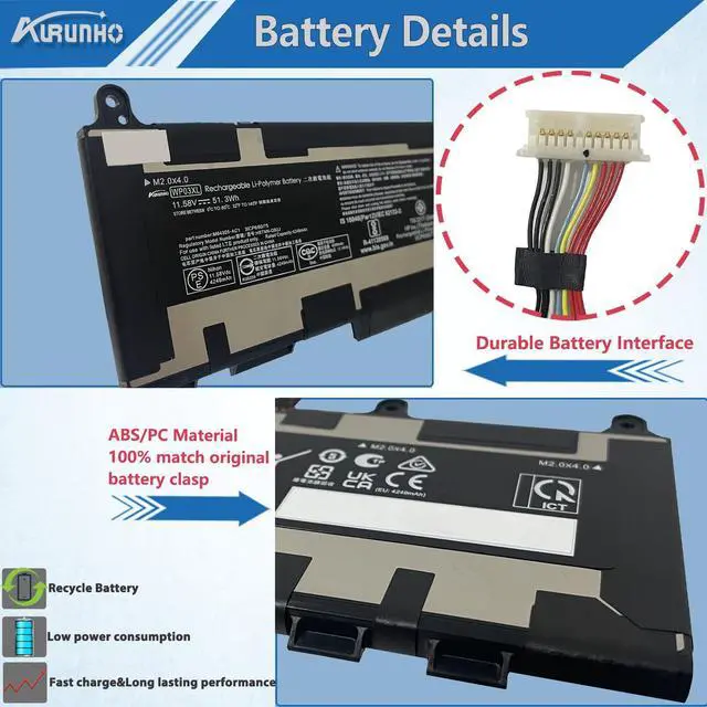 Alt view image 3 of 5 - AURUNHO 51.3Wh WP03XL M73466-005 Laptop Battery Replacement for HP EliteBook 830 835 840 845 860 865 G9 G10 X360 1040 G9 G10 ZBook Firefly 14 G9 G10 Series HSTNN-OB2J M64304-AC1 11.58V