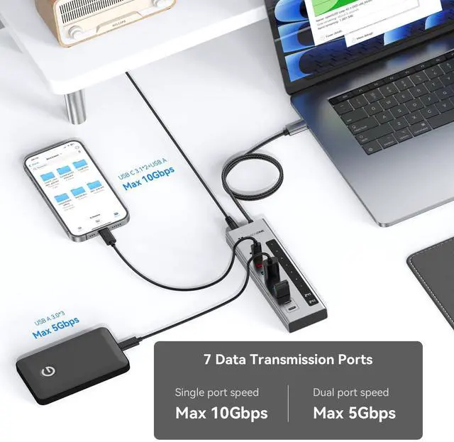 Alt view image 3 of 5 - TobenONE Powered USB C Hub, 11-in-1 10Gbps USB C Splitter with 5 USB-A and 5 USB-C, 72W Adapter, 100W PD-IN, 45W USB C Charging Port, USB C Expander for Laptop/PC, MacBook, iPad,Phone(Not for Monitor)