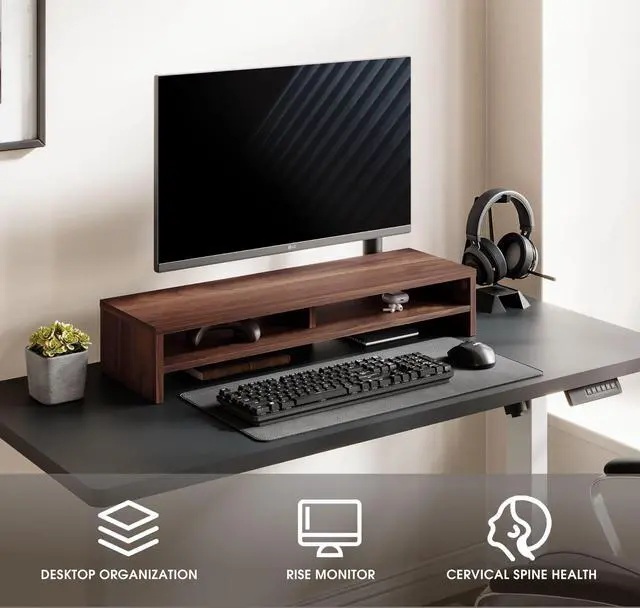 Alt view image 2 of 5 - Fenge Monitor Stand, 31.5 Inch Computer Monitor Riser for Desk, 2 Tiers Wood Desk Shelf with Storage, Desktop Organizer for PC, Laptop, Screen, Printer