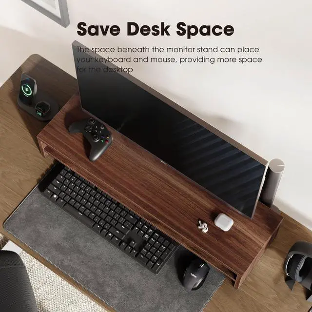 Alt view image 5 of 5 - Fenge Monitor Stand, 31.5 Inch Computer Monitor Riser for Desk, 2 Tiers Wood Desk Shelf with Storage, Desktop Organizer for PC, Laptop, Screen, Printer