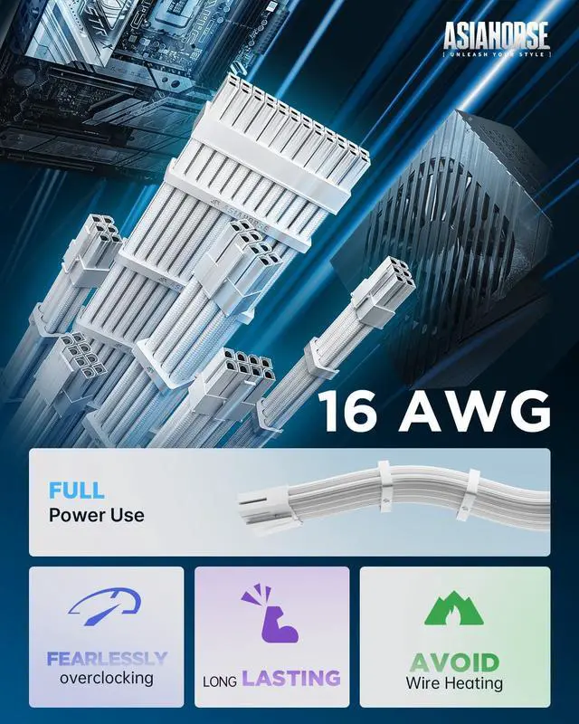 Alt view image 2 of 5 - AsiaHorse 16AWG PSU Cable Extension Power Cords, Customized Power Supply Mod Sleeve Extension Cable, ATX/EPS/8-pin PCI-E/6-pin PCI-E for PSU Cable (Pure White)