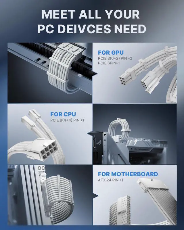 Alt view image 5 of 5 - AsiaHorse 16AWG PSU Cable Extension Power Cords, Customized Power Supply Mod Sleeve Extension Cable, ATX/EPS/8-pin PCI-E/6-pin PCI-E for PSU Cable (Pure White)