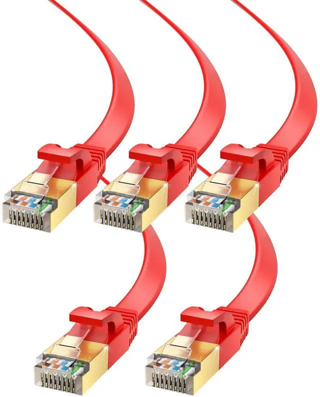 Main image of Maximm Cable CAT7 Flat Ethernet Cable, 5 Pack (Red, 20ft) 10 Gbps, 600 MHz, Shielded RJ45 Gold Connectors Ultra-Thin Flexible Design for Home & Office Networking
