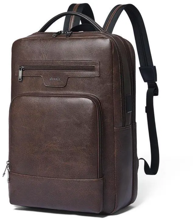 Main image of Shrrie Leather Laptop Backpack for Women and Men,28 L Travel Backpack Computer Bag Fits 16 inch Laptop,Expandable Casual Daypack with USB Charging Port for Work Business Weekender College,Coffee