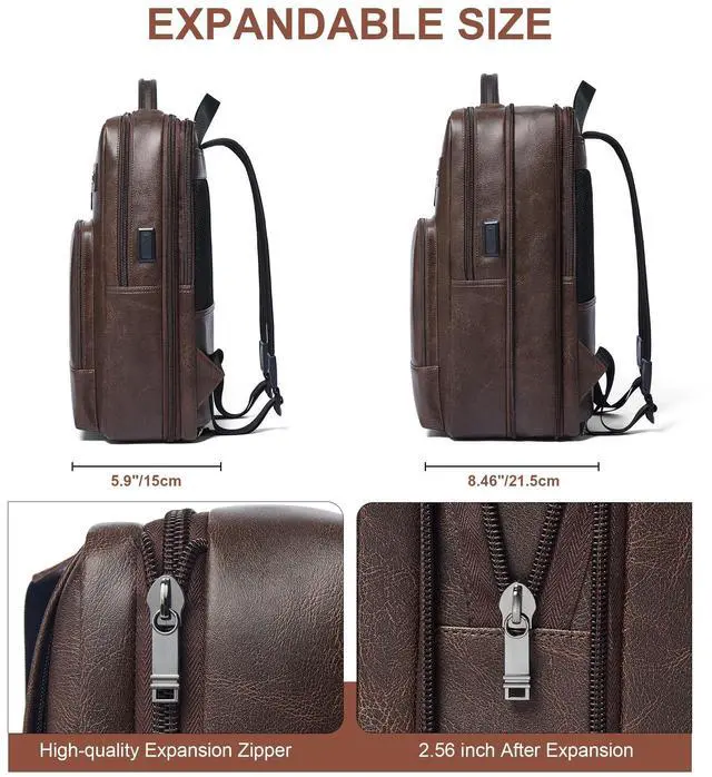 Alt view image 3 of 5 - Shrrie Leather Laptop Backpack for Women and Men,28 L Travel Backpack Computer Bag Fits 16 inch Laptop,Expandable Casual Daypack with USB Charging Port for Work Business Weekender College,Coffee