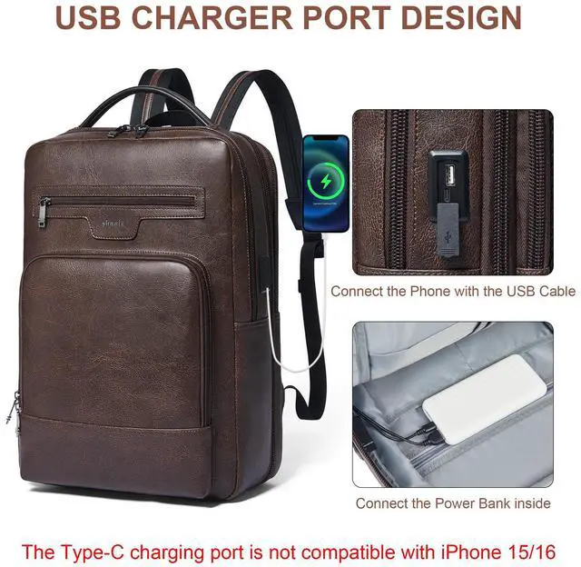 Alt view image 5 of 5 - Shrrie Leather Laptop Backpack for Women and Men,28 L Travel Backpack Computer Bag Fits 16 inch Laptop,Expandable Casual Daypack with USB Charging Port for Work Business Weekender College,Coffee