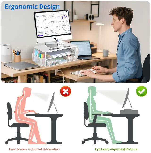 Alt view image 2 of 5 - AUPSEN White Monitor Stand Riser, 2-Tier Wood Computer Desk Organizer with Drawer, Pen Storage & Tablet Phone Holder Office Desk Accessories Desktop Organizer for Home, Office and School