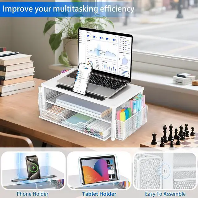 Alt view image 3 of 5 - AUPSEN White Monitor Stand Riser, 2-Tier Wood Computer Desk Organizer with Drawer, Pen Storage & Tablet Phone Holder Office Desk Accessories Desktop Organizer for Home, Office and School