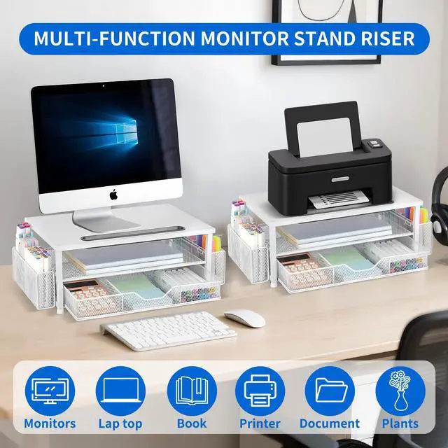 Alt view image 4 of 5 - AUPSEN White Monitor Stand Riser, 2-Tier Wood Computer Desk Organizer with Drawer, Pen Storage & Tablet Phone Holder Office Desk Accessories Desktop Organizer for Home, Office and School