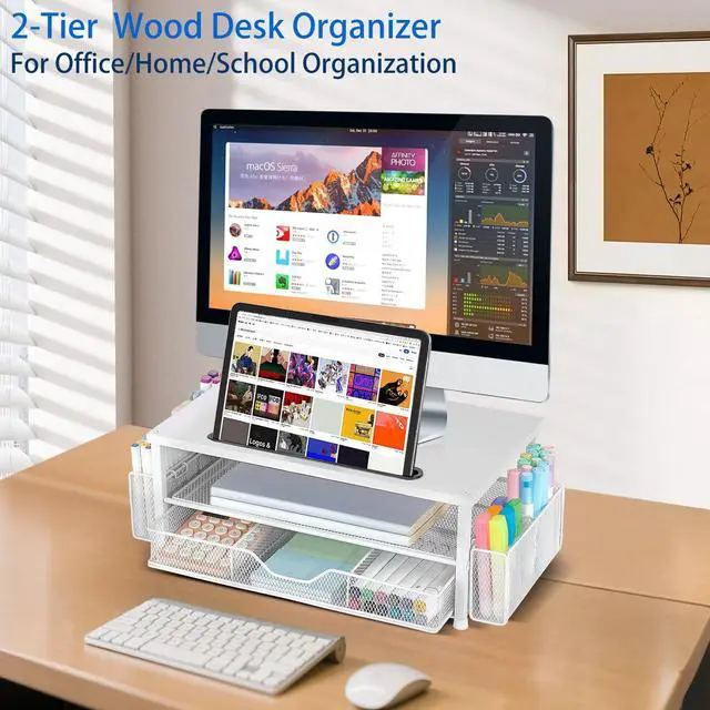 Alt view image 5 of 5 - AUPSEN White Monitor Stand Riser, 2-Tier Wood Computer Desk Organizer with Drawer, Pen Storage & Tablet Phone Holder Office Desk Accessories Desktop Organizer for Home, Office and School