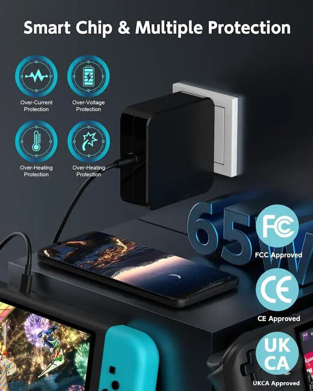 Alt view image 5 of 5 - GVKRLXZ 65W USB C Fast Charger for Steam Deck & ROG Ally Nintendo Switch/TV Dock/PS Portal/Lite Shark CH701, Beats Solo 4, JBL Xtreme 4 Asus Zenbook 14/15/17 Laptop USB Type-C Charging Power Adaptor