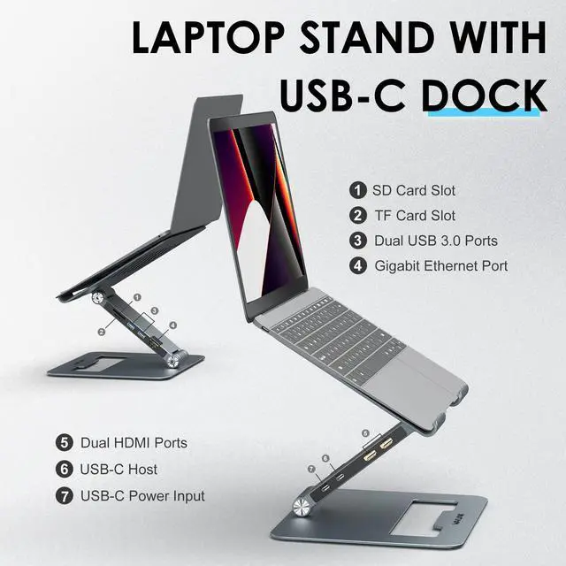Alt view image 2 of 5 - WAVLINK Adjustable Aluminum Laptop Stand with USB C Dock, Ergonomic Portable Computer Riser for MacBook, Windows, 10"-17" Notebook and Tablet(2HDMI,PD3.0,SD/TF,RJ45 Ethernet,2USB 3.0 Ports)