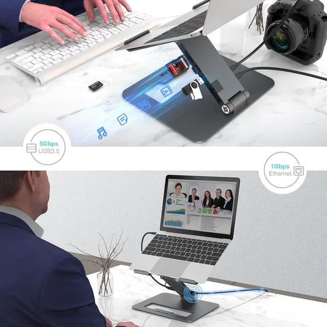 Alt view image 5 of 5 - WAVLINK Adjustable Aluminum Laptop Stand with USB C Dock, Ergonomic Portable Computer Riser for MacBook, Windows, 10"-17" Notebook and Tablet(2HDMI,PD3.0,SD/TF,RJ45 Ethernet,2USB 3.0 Ports)