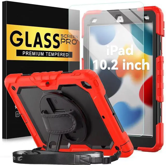 Main image of BLOSOMEET Case for iPad 9th Generation 8th Generation 2021 2020 10.2 Inch with Tempered Glass Screen Protector & Pencil Holder, Kids iPad 10.2 7th Gen Cover 2019 w/Stand Hand Shoulder Strap,Red