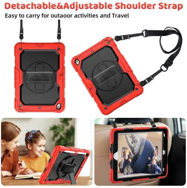 Alt view image 4 of 5 - BLOSOMEET Case for iPad 9th Generation 8th Generation 2021 2020 10.2 Inch with Tempered Glass Screen Protector & Pencil Holder, Kids iPad 10.2 7th Gen Cover 2019 w/Stand Hand Shoulder Strap,Red