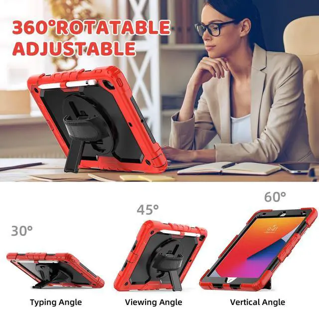 Alt view image 5 of 5 - BLOSOMEET Case for iPad 9th Generation 8th Generation 2021 2020 10.2 Inch with Tempered Glass Screen Protector & Pencil Holder, Kids iPad 10.2 7th Gen Cover 2019 w/Stand Hand Shoulder Strap,Red