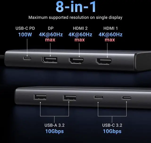 Alt view image 2 of 5 - UGREEN 8 in 1 USB C Docking Station with Dual Monitor, 4K Triple Display USBC Hub with 2 HDMI, DP, 2 USB A&C 3.2 Ports, 100W PD, USB-C Dock Compatible for MacBook, Dell, HP, Lenovo, Surface etc