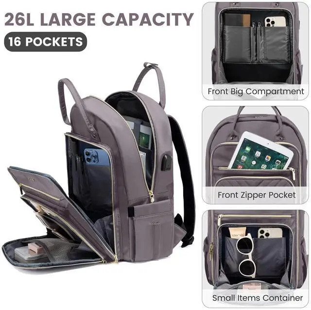 Alt view image 3 of 5 - LOVEVOOK Womens Backpack,15.6 Inch Laptop Backpack for Work Travel, Large Capacity Work Backpack for Teacher Nurse, Computer Bag with USB Charging Port.Grey Purple.