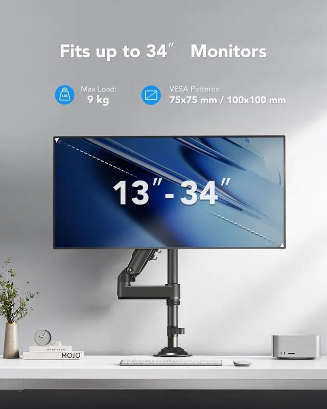 Alt view image 2 of 5 - HUANUO Single Monitor Arm, Adjustable Desk Mount for 13-34 inch Screens, Holds 19.8lb, 22.44 inch Max Height, Full Motion Swivel Monitor Stand with VESA 75x75mm and 100x100mm Compatibility