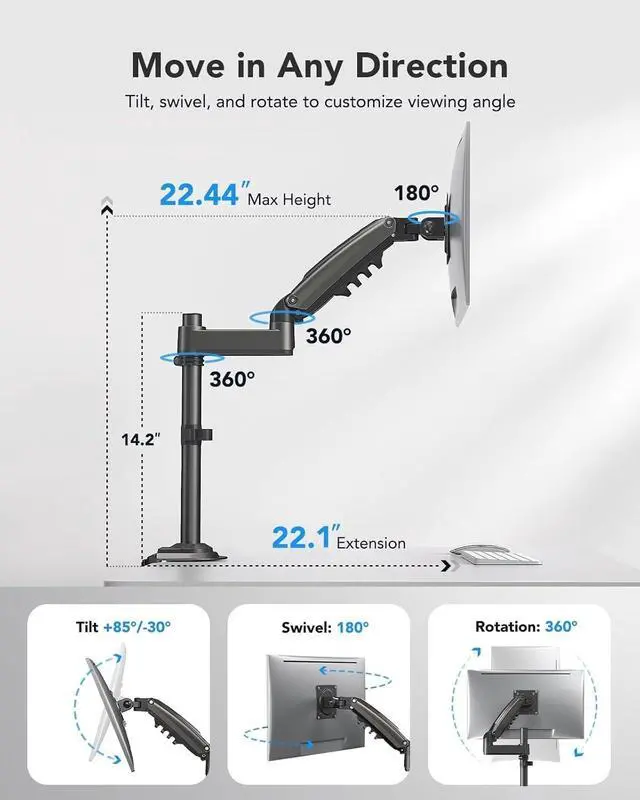 Alt view image 3 of 5 - HUANUO Single Monitor Arm, Adjustable Desk Mount for 13-34 inch Screens, Holds 19.8lb, 22.44 inch Max Height, Full Motion Swivel Monitor Stand with VESA 75x75mm and 100x100mm Compatibility