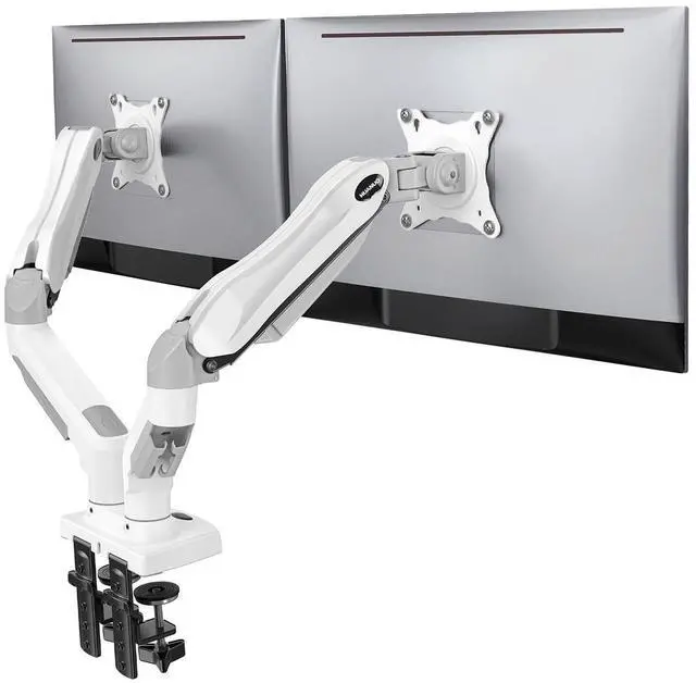 Main image of HUANUO Dual Monitor Stand - Full Adjustable Monitor Desk Mount Swivel Vesa Bracket with C Clamp, Grommet Mounting Base for 13 to 32 Inch Computer Screens - Each Arm Holds 4.4 to 19.8lbs - White