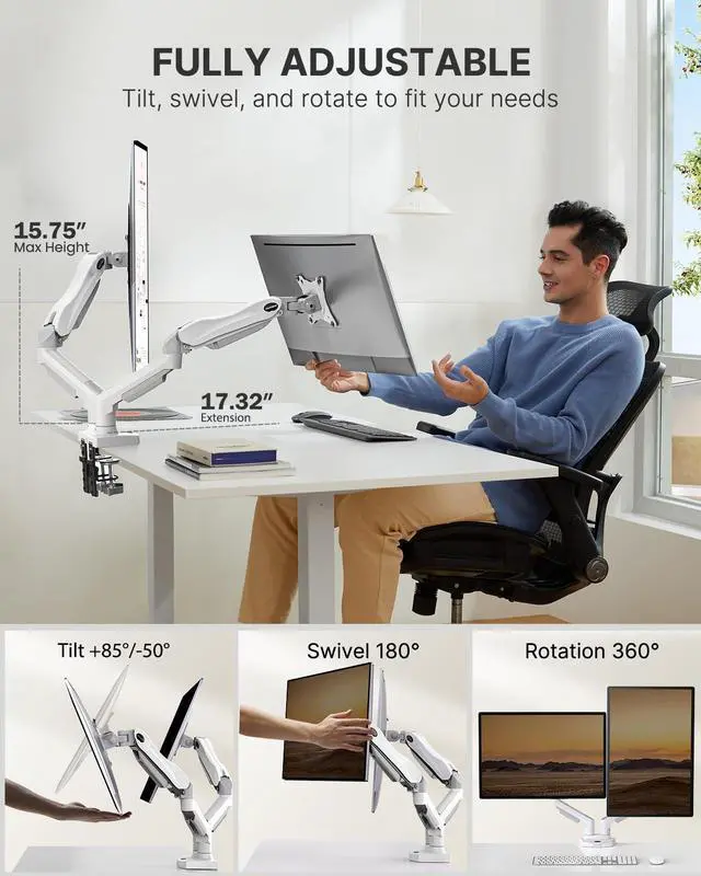 Alt view image 3 of 5 - HUANUO Dual Monitor Stand - Full Adjustable Monitor Desk Mount Swivel Vesa Bracket with C Clamp, Grommet Mounting Base for 13 to 32 Inch Computer Screens - Each Arm Holds 4.4 to 19.8lbs - White