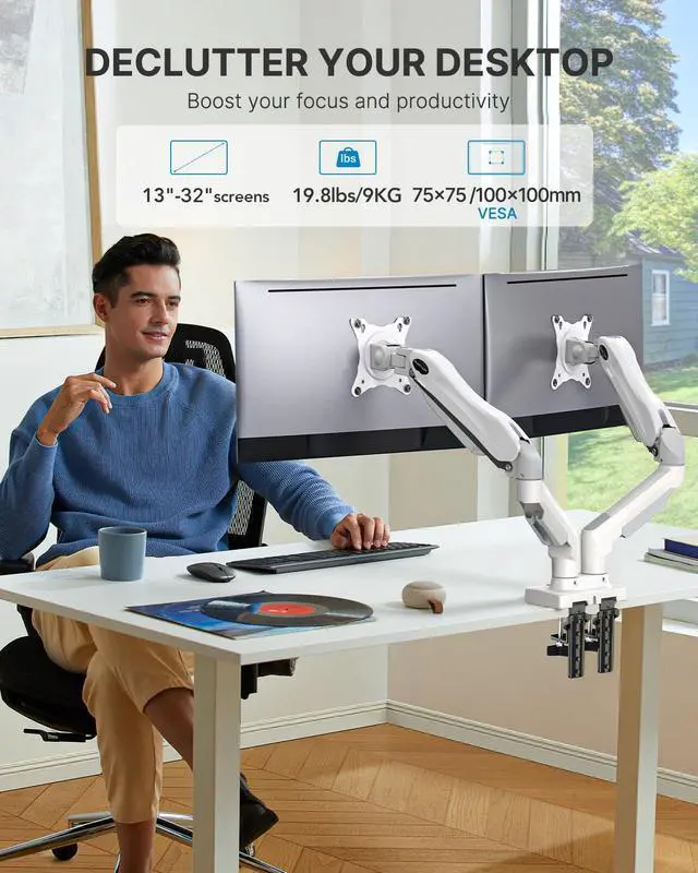 Alt view image 2 of 5 - HUANUO Dual Monitor Stand - Full Adjustable Monitor Desk Mount Swivel Vesa Bracket with C Clamp, Grommet Mounting Base for 13 to 32 Inch Computer Screens - Each Arm Holds 4.4 to 19.8lbs - White