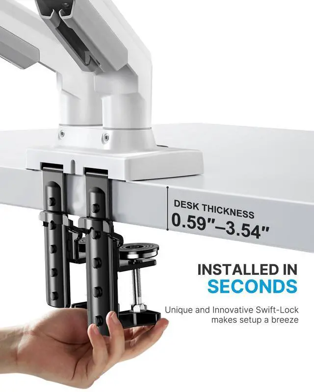 Alt view image 4 of 5 - HUANUO Dual Monitor Stand - Full Adjustable Monitor Desk Mount Swivel Vesa Bracket with C Clamp, Grommet Mounting Base for 13 to 32 Inch Computer Screens - Each Arm Holds 4.4 to 19.8lbs - White