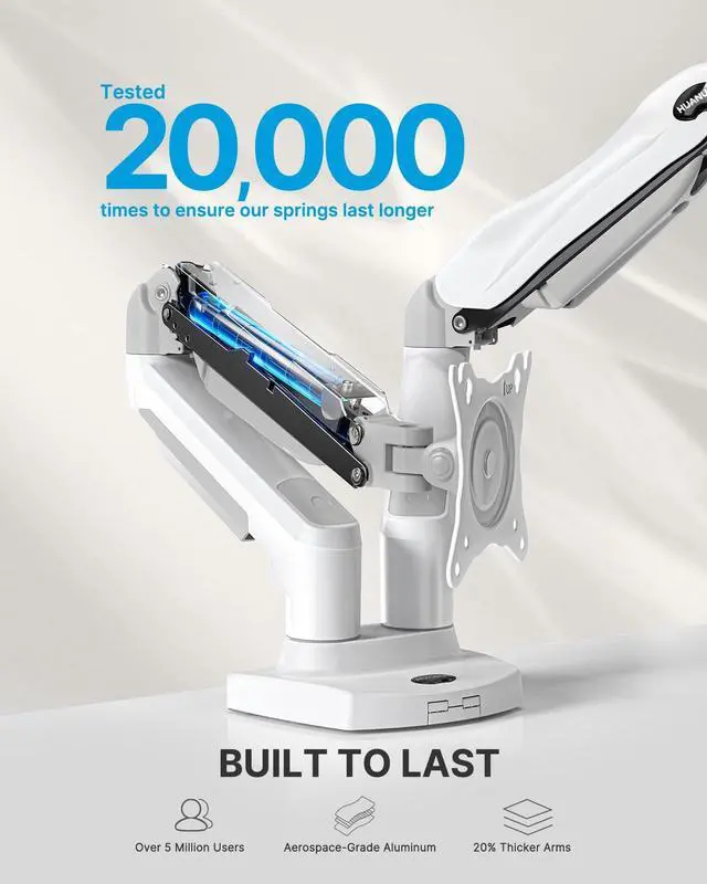 Alt view image 5 of 5 - HUANUO Dual Monitor Stand - Full Adjustable Monitor Desk Mount Swivel Vesa Bracket with C Clamp, Grommet Mounting Base for 13 to 32 Inch Computer Screens - Each Arm Holds 4.4 to 19.8lbs - White