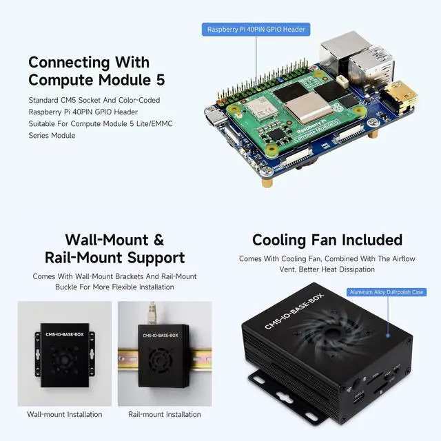 Alt view image 4 of 5 - Waveshare Mini Base Board, Mini-WaComputer Designed for Raspberry Pi Compute Module 5 (NOT Included), Including Metal Case and Power Supply