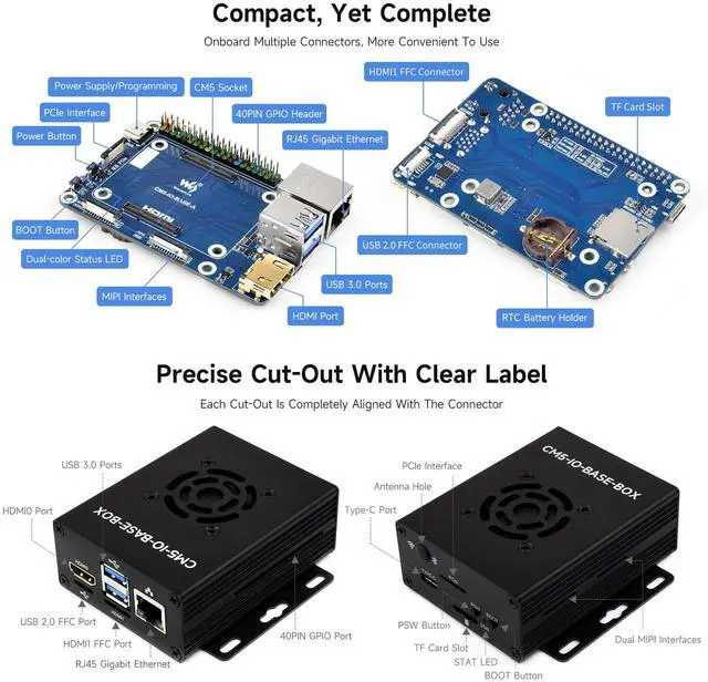Alt view image 5 of 5 - Waveshare Mini Base Board, Mini-WaComputer Designed for Raspberry Pi Compute Module 5 (NOT Included), Including Metal Case and Power Supply