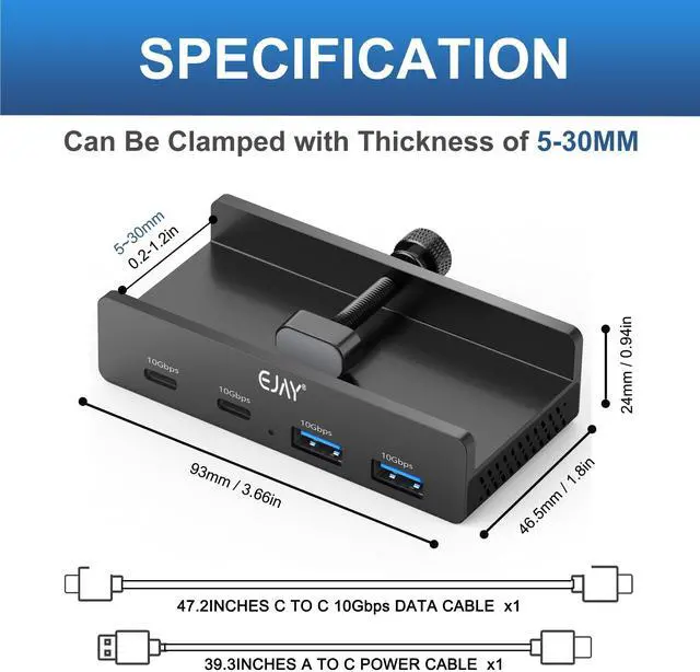 Alt view image 2 of 5 - EJAY 4Ports 10Gbps USB-C HUB USB3.2 Clamp USB HUB Splitter,Mountable USB-C Adapter with Data & Power Cable for iMac 2021 and later-10Gbps (Black)
