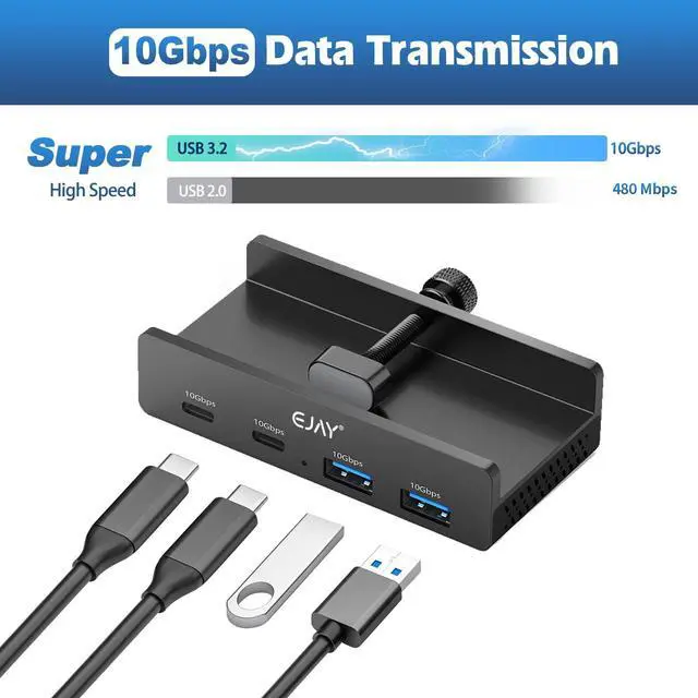 Alt view image 3 of 5 - EJAY 4Ports 10Gbps USB-C HUB USB3.2 Clamp USB HUB Splitter,Mountable USB-C Adapter with Data & Power Cable for iMac 2021 and later-10Gbps (Black)