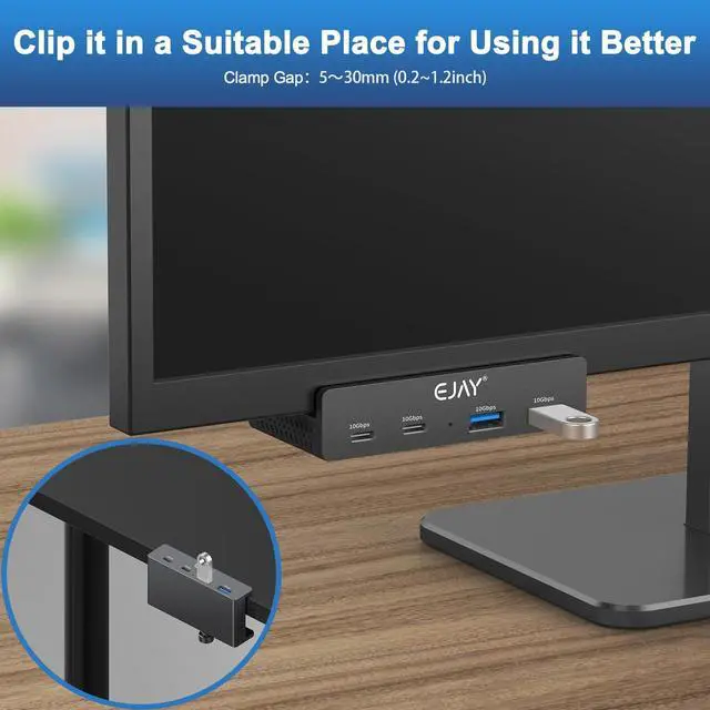 Alt view image 4 of 5 - EJAY 4Ports 10Gbps USB-C HUB USB3.2 Clamp USB HUB Splitter,Mountable USB-C Adapter with Data & Power Cable for iMac 2021 and later-10Gbps (Black)