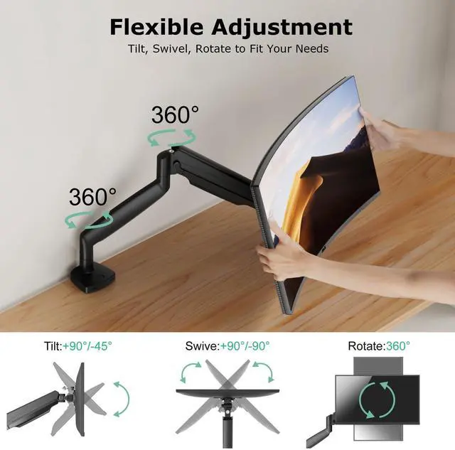 Alt view image 4 of 5 - HIPPOFLEX Single Monitor Desk Mount for 13-35 inch Ultrawide Flat/Curved Screens, Heavy Duty Gas Spring Monitor Arm Stand Holds up to 30.8lbs, Fully Adjustable, Clamp and Grommet Base