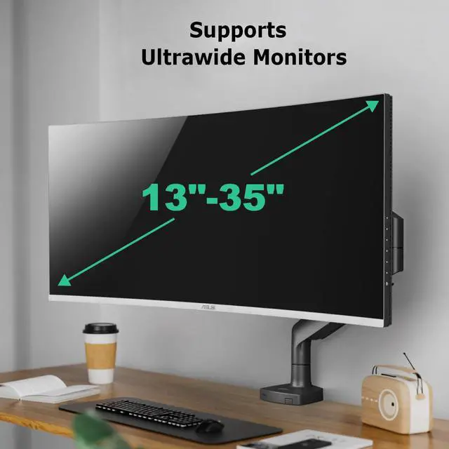 Alt view image 2 of 5 - HIPPOFLEX Single Monitor Desk Mount for 13-35 inch Ultrawide Flat/Curved Screens, Heavy Duty Gas Spring Monitor Arm Stand Holds up to 30.8lbs, Fully Adjustable, Clamp and Grommet Base