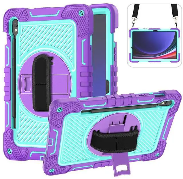 Main image of Shockproof Case for Samsung Galaxy Tab S9/S9 FE/S10 FE 10.9" 11" Tablet with Shoulder Strap, Techcircle Heavy Duty Rotating Kickstand Rugged Defender Protective Case w/Hand Strap, Lavender+Aqua