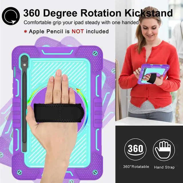 Alt view image 2 of 5 - Shockproof Case for Samsung Galaxy Tab S9/S9 FE/S10 FE 10.9" 11" Tablet with Shoulder Strap, Techcircle Heavy Duty Rotating Kickstand Rugged Defender Protective Case w/Hand Strap, Lavender+Aqua