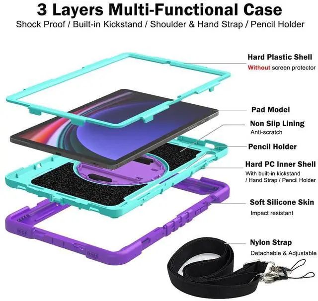 Alt view image 4 of 5 - Shockproof Case for Samsung Galaxy Tab S9/S9 FE/S10 FE 10.9" 11" Tablet with Shoulder Strap, Techcircle Heavy Duty Rotating Kickstand Rugged Defender Protective Case w/Hand Strap, Lavender+Aqua