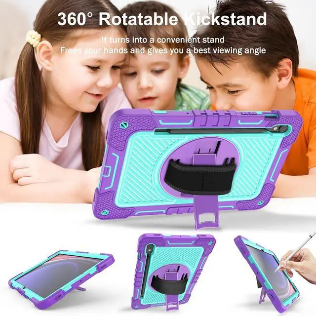 Alt view image 3 of 5 - Shockproof Case for Samsung Galaxy Tab S9/S9 FE/S10 FE 10.9" 11" Tablet with Shoulder Strap, Techcircle Heavy Duty Rotating Kickstand Rugged Defender Protective Case w/Hand Strap, Lavender+Aqua