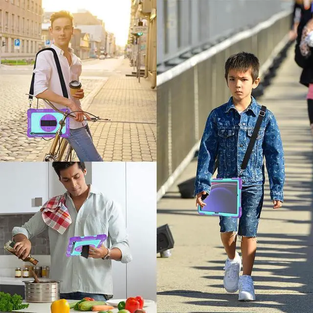 Alt view image 5 of 5 - Shockproof Case for Samsung Galaxy Tab S9/S9 FE/S10 FE 10.9" 11" Tablet with Shoulder Strap, Techcircle Heavy Duty Rotating Kickstand Rugged Defender Protective Case w/Hand Strap, Lavender+Aqua