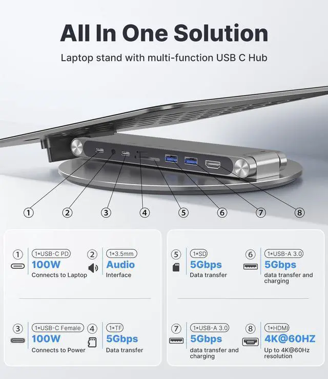 Alt view image 2 of 5 - KU XIU Adjustable Laptop Stand with 8 in 1 USB C Hub, Foldable Portable Computer Notebook Stand with 360° Rotating Base, Riser Holder Mount for All 10-17" Laptops (Gray)