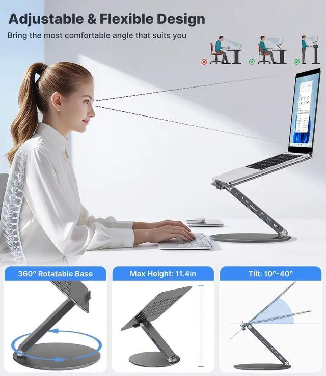 Alt view image 4 of 5 - KU XIU Adjustable Laptop Stand with 8 in 1 USB C Hub, Foldable Portable Computer Notebook Stand with 360° Rotating Base, Riser Holder Mount for All 10-17" Laptops (Gray)