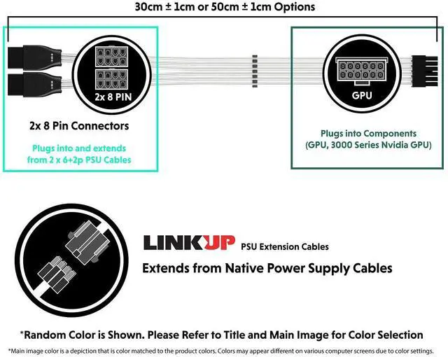 Alt view image 2 of 5 - LINKUP - Compatible with NVIDIA RTX3000 Ampere Founders Edition FE GPU | Teflon High Power PSU Adapter 16AWG Silver Coated UL-Rated Wires w/Comb | 12P to 2x 8P PCIe Adapter | 50cm 19.6" 500mm | Silver