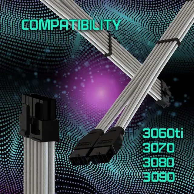 Alt view image 5 of 5 - LINKUP - Compatible with NVIDIA RTX3000 Ampere Founders Edition FE GPU | Teflon High Power PSU Adapter 16AWG Silver Coated UL-Rated Wires w/Comb | 12P to 2x 8P PCIe Adapter | 50cm 19.6" 500mm | Silver